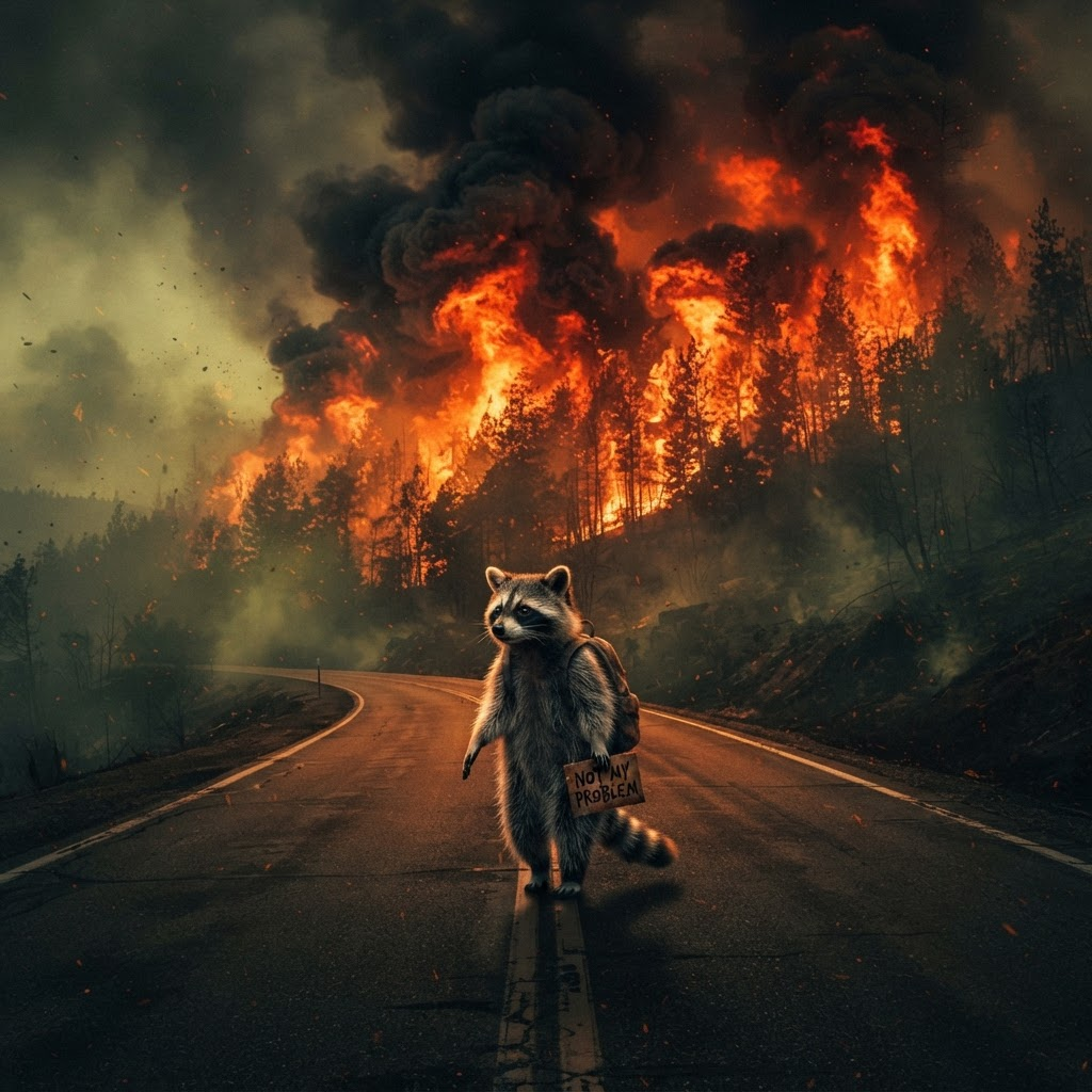 Illustration of a raccoon walking away from a fiery forest fire on a road