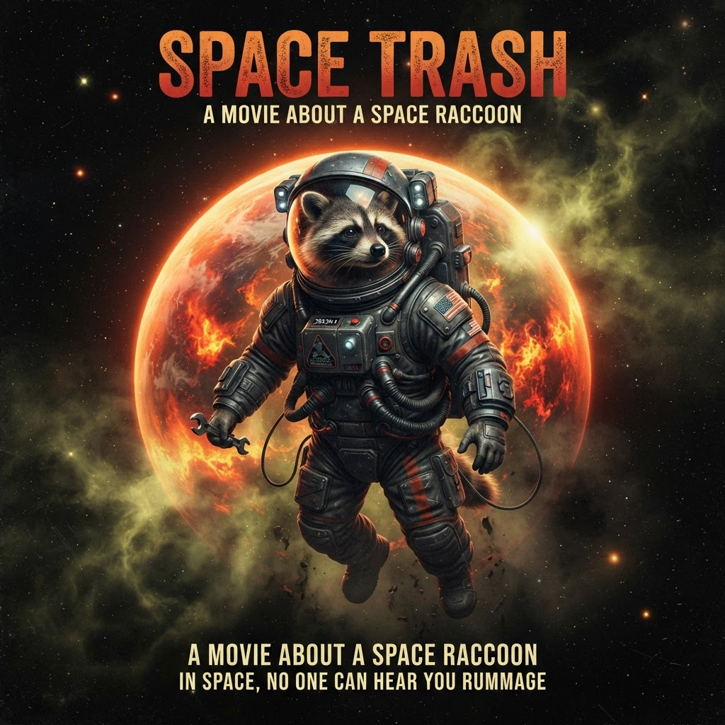 Illustration of a raccoon in a space suit floating near a glowing planet