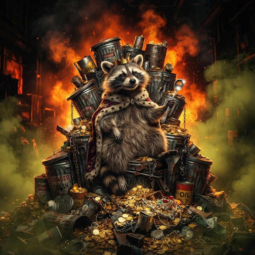Illustration of a raccoon on a throne made of trash cans and coins