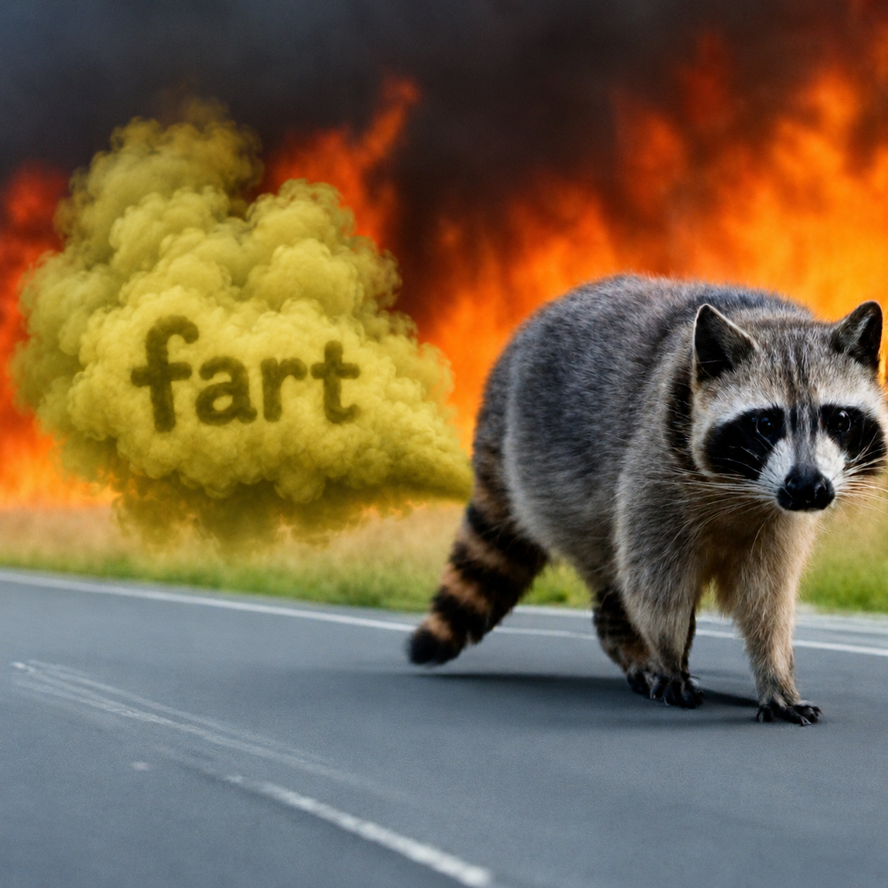 A raccoon walking down a road as a forest fire and a yellow-green gas cloud rage behind it